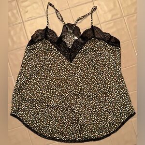 LoveStitch Leopard Print Lace Trim Cami sleeveless Tank top Olive Green Medium m